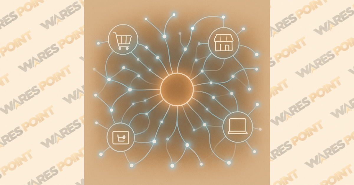 Connected shopping cart, storefront, and laptop icons representing a digital marketplace.