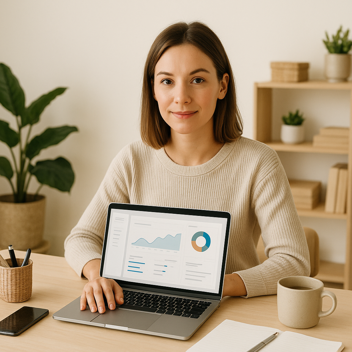 An editorial photograph or clean illustration depicting: working from home success. Style requirements: Create professional, editorial-quality photography or clean digital illustrations for Wares Point.Aesthetic guidelines:- Subject matter: Modern a